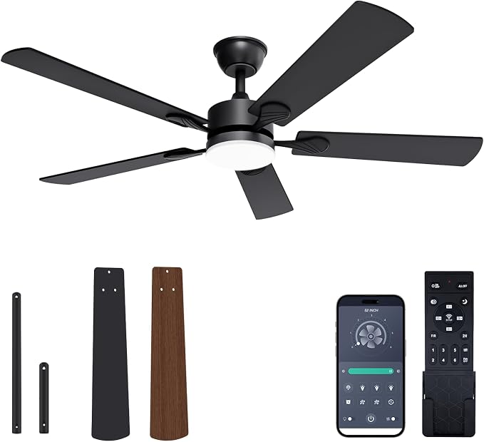VOLISUN Ceiling Fan with Light, 52 inch Flush Mount Ceiling Fan with Lights and Remote, Dimmable LED Fan Light, Low Profile Ceiling Fan, Black Modern Ceiling Fan for Bedroom, Indoor/Outdoor