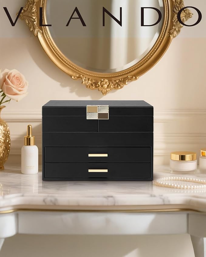 VLANDO 4 Layers Jewelry Box - Women Jewelry Box with Retractable Tray - Jewelry Organizer with Drawer for Necklaces, Rings, Bracelets, Earrings, Gift for Couples Mom Girls - Black