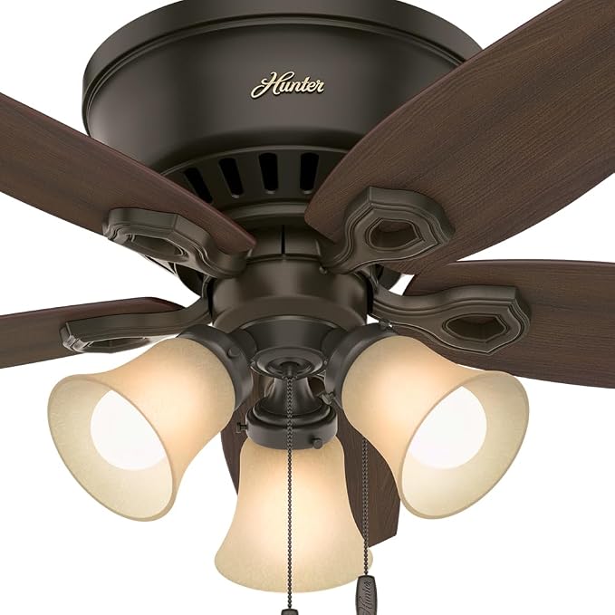 Hunter 42 inch Indoor Ceiling Fan with LED Lights - Bronze Ceiling Fan with Pull Chain, For Bedroom, Living Room, or Kitchen, Low Profile Flush Mount, No Remote, 5 Blades - Builder 51091, New Bronze | Low Profile Flush Mount, Pull Chain, 5 Blades, For ...