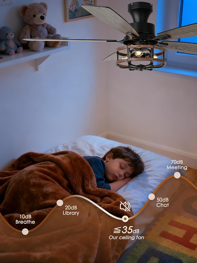 52 Inch Flush Mount Farmhouse Ceiling Fan with Light and Remote Control | 5 Reversible Blades Low Profile Ceiling Fans with 3-Light 6 Speeds 3 Timing for Living Room Bedroom Kitche