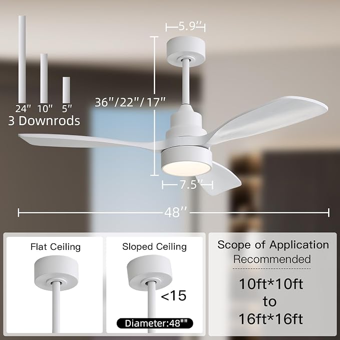 CACI Mall 48 inch White Smart Ceiling Fans with Lights, Low Profile, Modern, 3 Blades, Solid Wood, Remote Control, Work with Alexa/Google, Outdoor Indoor Ceiling Fans for Patio Living Room Bedroom