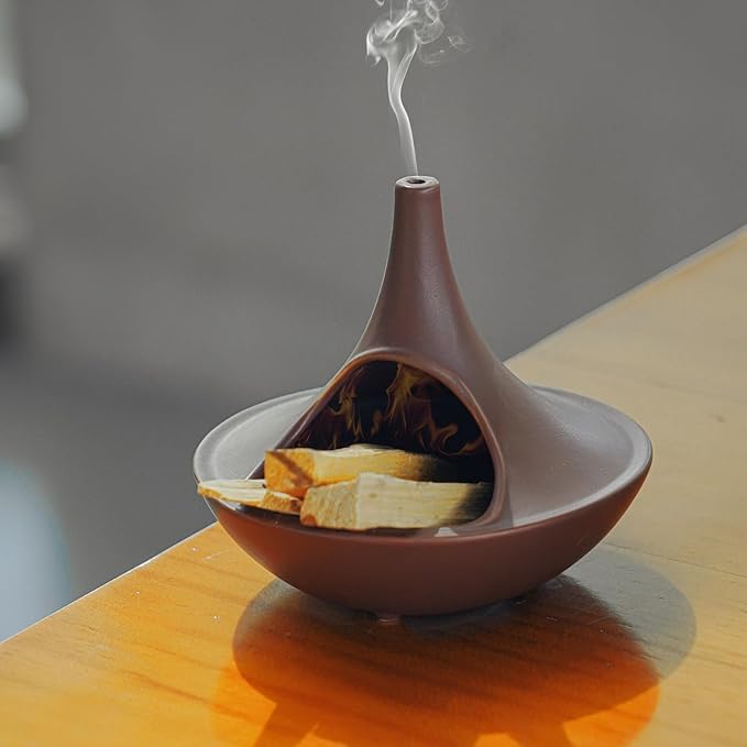 3 in 1 Incense Holder for Palo Santo Sticks Sage Bundles Cone Incense, Handcrafted Ceramic Incense Burner Holder Ash Catcher with Chimney, Smudge Bowl for Yoga Meditation Home Decor (Chimney Red)