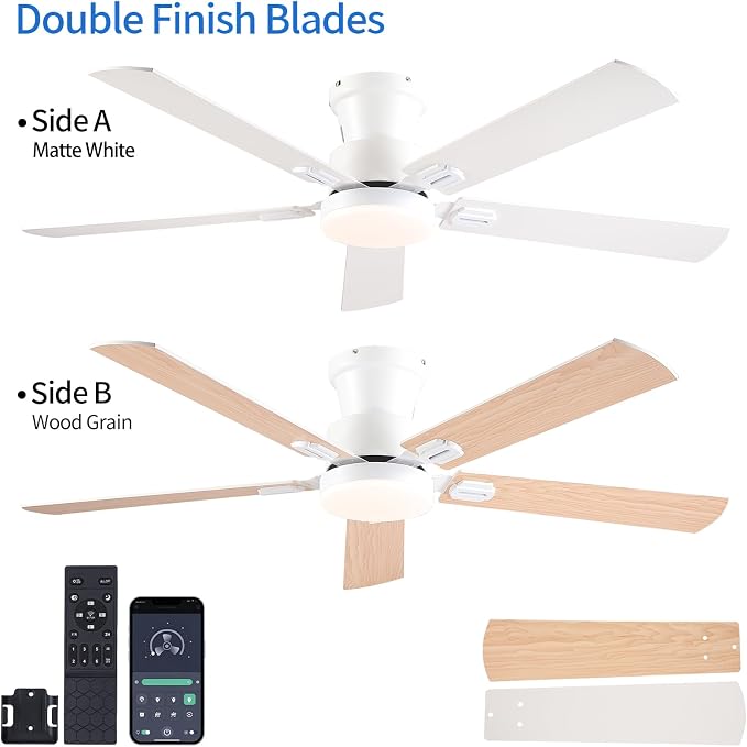 NKPU 52" Ceiling Fans with Lights, Low Profile Ceiling Fan with Light and Remote/APP Control, 6 Speed, Dimmable, Safe Quiet DC Motor, White Flush Mount Ceiling Fan for Bedroom Indoor/Outdoor Use