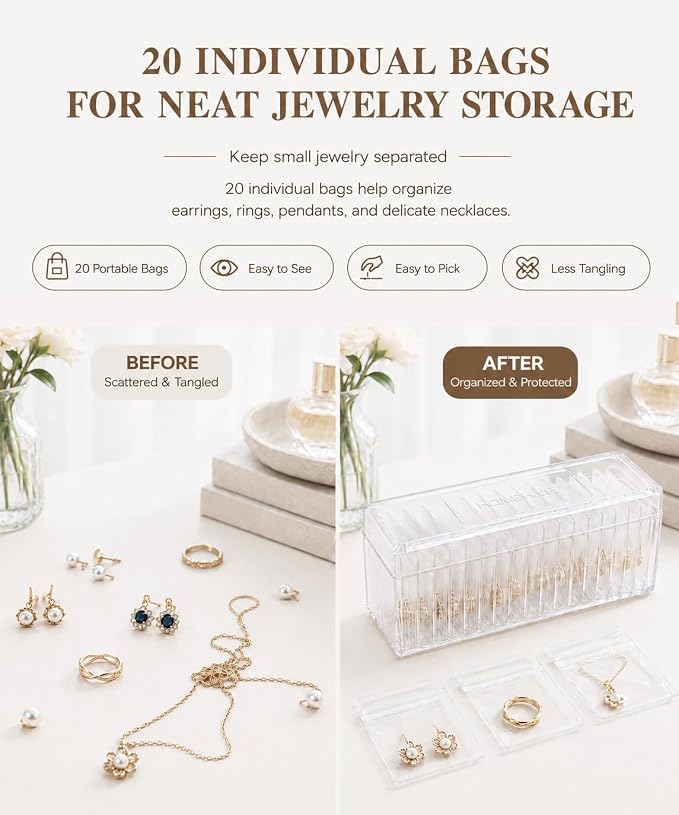HOMEHIVE Acrylic Jewelry Box Organizer, Clear Jewelry Organizer and Storage with 20 Portable Anti Tarnish Jewelry bags, Travel Jewelry Case for Earrings/Rings/Necklaces Gifts for Women Girls, Clear