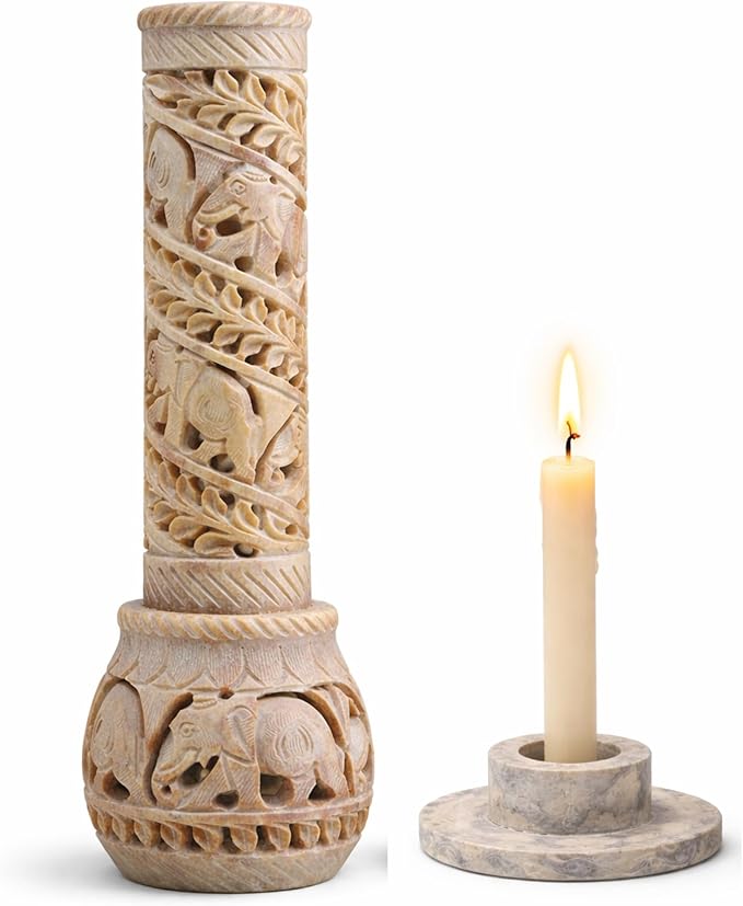 Carry Me Hand Carved Soapstone Incense Stick Holder | Candle Burner | Tea Light Stand. Elephant Jaali Carving Bottle Shape. Decorative Home and Kitchen Decor - (3x3x10.5 Inches)