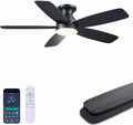 JSAITEE 48" Ceiling Fans with Lights Low Profile - Flush Mount Ceiling Fan with Light and Remote, 6 Wind Speeds Reversible, 3CCT Dimmable, Black Fan Light for Modern Indoor, Bedroom, Kitchen