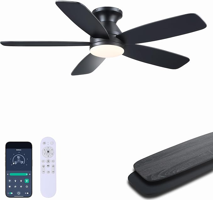 JSAITEE 48" Ceiling Fans with Lights Low Profile - Flush Mount Ceiling Fan with Light and Remote, 6 Wind Speeds Reversible, 3CCT Dimmable, Black Fan Light for Modern Indoor, Bedroom, Kitchen