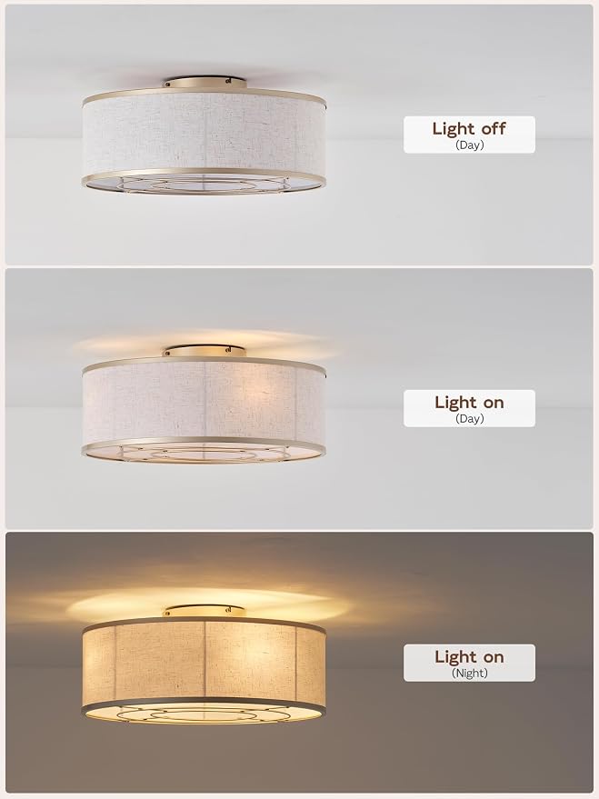 Gold Flush Mount Ceiling Fans with Lights, 20" Caged Boho Ceiling Fan with Light and Remote, Bladeless with 6 Speeds for Bedroom, Nursery, Living Room