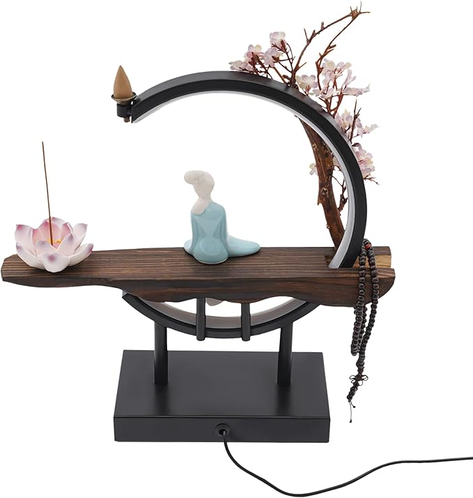 TFCFL Backflow Incense Holder with LED Light Ring, Chinese Style Handmade Flower Censer Incense Cone Sticks Burner Home Decor Aromatherapy Ornament Incense Holders + Cone