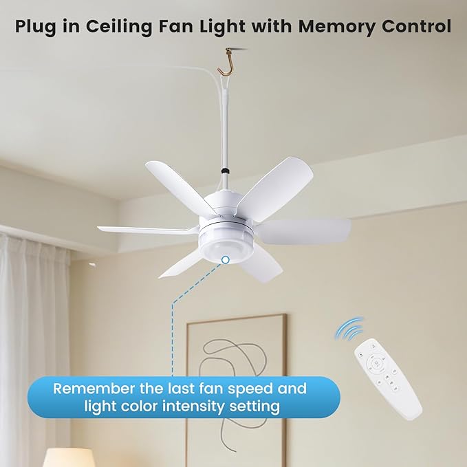 Fanspex 20.5'' Plug in Ceiling Fan with Light for Gazebo Patio Canopy Tent | 5 Fan Speeds with Adjust Lighting for Porch RV Cooling or Air Circulation, White