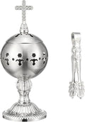 Zonon 1 Set Incense Burner with Tong, Frankincense Charcoal Incense Stand Holder, Ideal for Yoga, Spa, Aromatherapy, Home and Christian Church Censer (Silver,Retro)