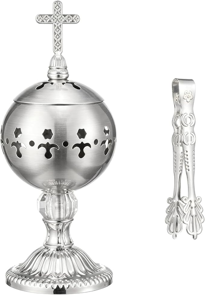 Zonon 1 Set Incense Burner with Tong, Frankincense Charcoal Incense Stand Holder, Ideal for Yoga, Spa, Aromatherapy, Home and Christian Church Censer (Silver,Retro)