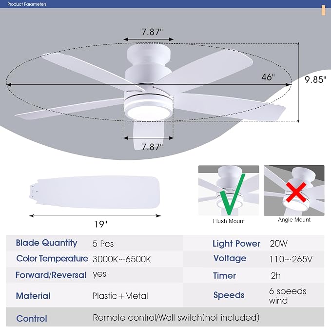 Wiviniya Ceiling Fans with Lights and Remote Control, 46 inch Low Profile Flush Mount Ceiling Fan, 3 CCT LED Dimmable Lights 5 Reversible Plastic Blades 6 Speeds for Bedroom Living Room, White