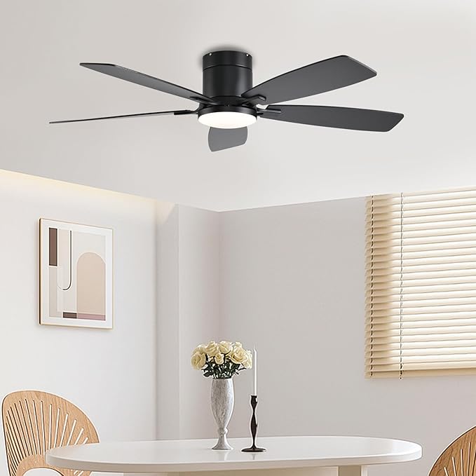 FUMLTP 52inch Ceiling Fans with Lights, Low Profile Ceiling Fan with Light and Remote Control/APP Control, Flush Mount, Reversible DC Motor, Dimmable, Noiseless, Black Ceiling Fan for Bedroom