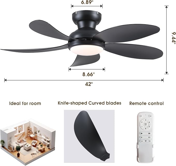 PHORUS 42"Black Low Profile Flush Mount Ceiling Fans with Lights and Remote | Super Large Airflow with 6 Wind Speeds, Reversible, Dimmable 3 CCT LED, 30W Noiseless DC Motor,Timer, for Bedroom Kitchen