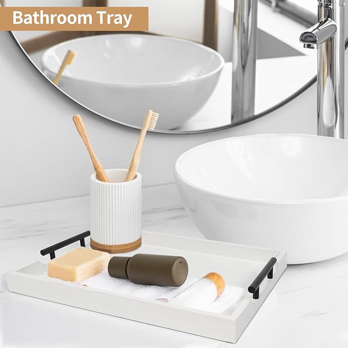 SXNOWS Wood Serving Tray with 2 Sets of Handles,White | Rectangle 16.5x13 Inch Ottoman Decorative Tray for Coffee Table Kitchen Bar Living Room Breakfast in Bed, 4 Coasters Included