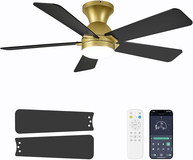 Ceiling Fans with Lights, 42 Inch Low Profile Ceiling Fan with Light and Remote Control, Flush Mount, Reversible, 3CCT, Dimmable LED, Quiet, Gold Ceiling Fan for Bedroom, Kitchen