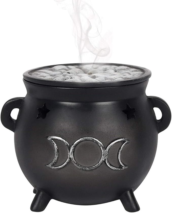 Green Tree Triple Moon Cauldron Incense Holder, Black