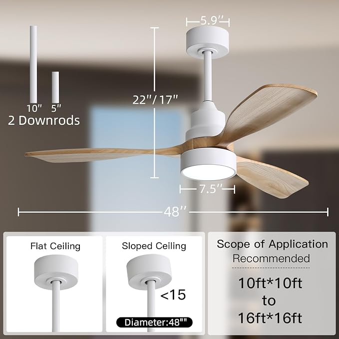 CACI Mall 48 inch Ceiling Fans with Lights, Smart Indoor/Outdoor Ceiling Fan, Remote Control, Compatible with Alexa/Google, Small 3 Blade Solid Wood Ceiling Fans for Bedroom Patio