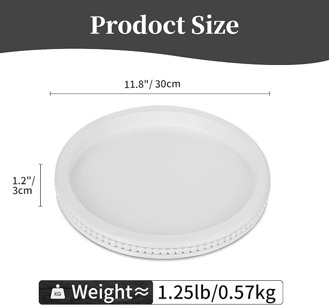 Hanobe Round Decorative Tray for Coffee Table, White, 11.8-inch | Beaded edge, crafted from wood, holds candle and vase, modern farmhouse style for dining table centerpiece and living room