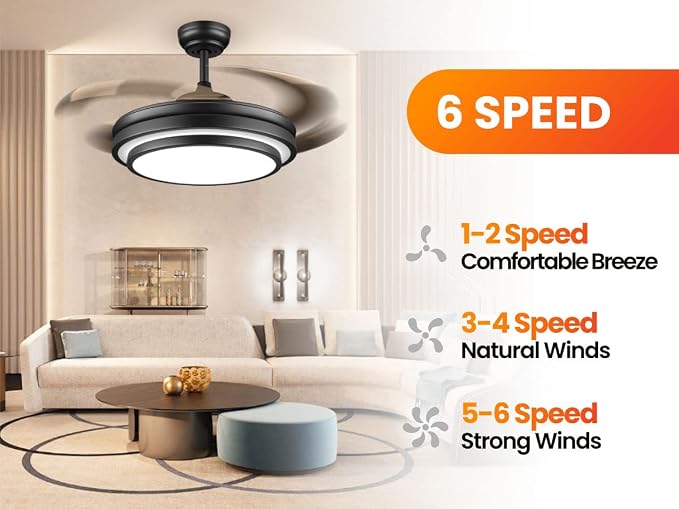 36 Inche Modern Black Ceiling Fan with Dimmable LED Light, Retractable Celing Fan with APP/Remote Control, 6 Speed,for Bedroom Live Room