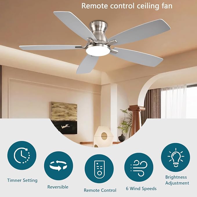 JSAITEE Ceiling Fans with Lights, 52 Inch Low Profile Ceiling Fan with Light and Remote Control, Flush Mount, DC Reversible Motor, Noiseless, Nickel 6 Speeds Ceiling Fan for Bedroom