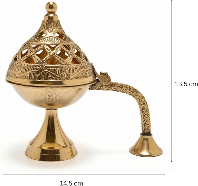 DSH CRAFTING YOUR CURIOSITY Dsh Home Purifying Brass Dhuna Loban Burner Dhooni Dhoop Dani Dhuni Brass Table Dhoop Dani Incense Burner for Loban. (Medium)