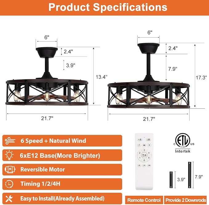 SHLUCE 22" Farmhouse Caged Ceiling Fan with Light, Rustic Fandelier Ceiling Fans with Lights and Remote, Modern Large Caged Bladeless Ceiling Fans with Lights for Kitchen, Bedroom, Brown - ETL