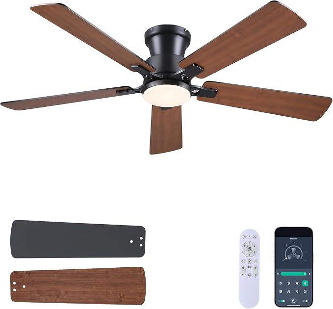 JSAITEE 52Inch Ceiling Fan with Lights Flush Mount Low Profile Brown | Ceiling Fans,DC Reversible Motor, 3CCT Dimmable, Fan for Indoor Bedroom/Outdoor, Brown