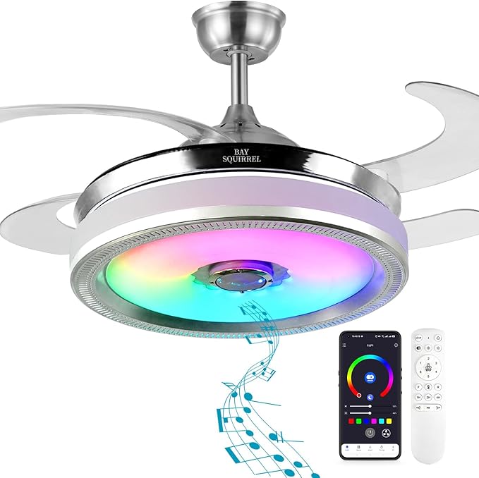 BAYSQUIRREL Retractable Bluetooth Ceiling Fan with Light and Speaker, Flush Mount Ceiling Fans,RGB-LED 6 Speed Reversible Modern Invisible Ceiling Fans,Remote and APP Control
