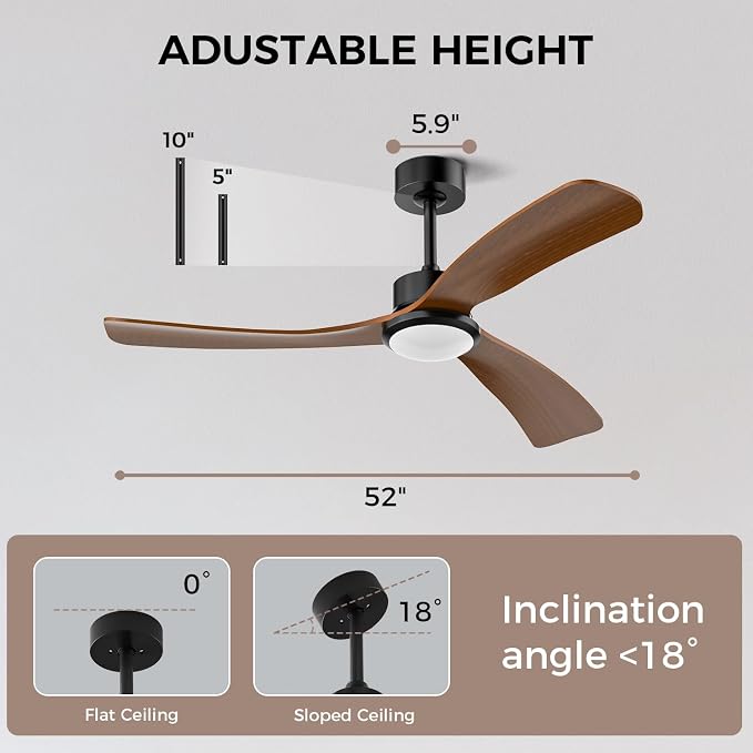 Obabala 52 Inch Ceiling Fan with Light and Remote,Solid Wood Blades, DC Motor Quiet 35dB, Dimmable LED Reversible for Bedroom Living Room Indoor Outdoor, 6 Speed Timer Downrod