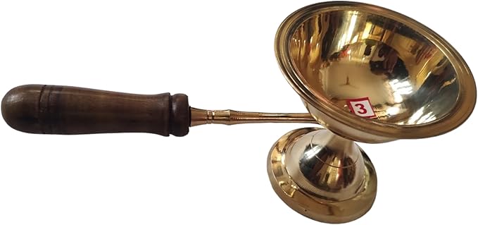 BHAVICREATION Brass Aarti Diya with Wooden Handle Brass Camphor Dhoop Arti Wooden Handle Puja Arti (130 Gram Length=8 inch)