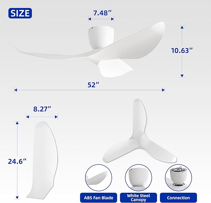 52" White Flush Mount Ceiling Fan with Remote, No Light | Modern Low-Profile, Heat Resistant ABS Blades, 6-Speed Reversible Quiet DC Motor for Balcony, Living Room, Bedroom