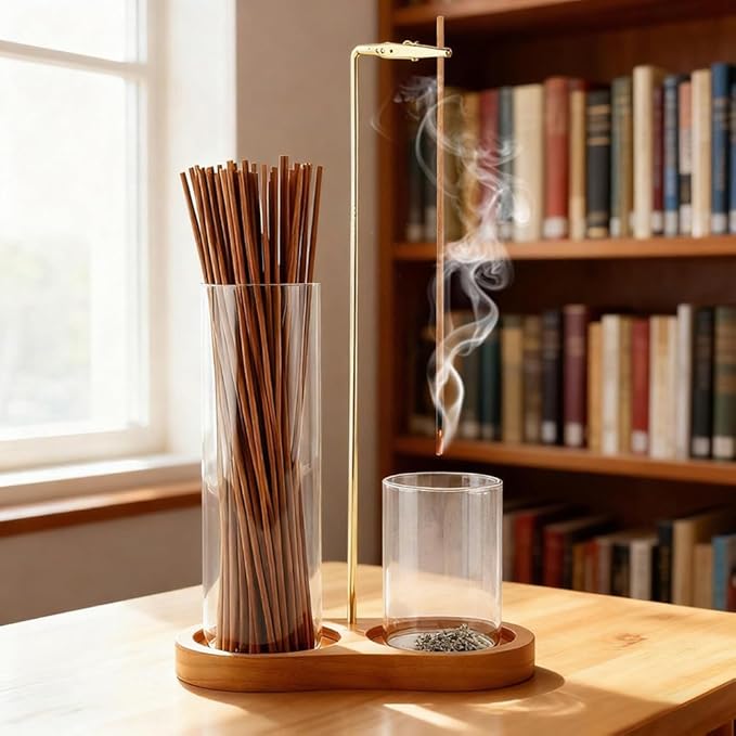 2 in 1 Incense Holder for Sticks,Wooden incence Holder with Detachable Glass Ash Catcher & inscent Sticks Organizer and a Ash Brush, for Meditation Yoga Spa Room Decor