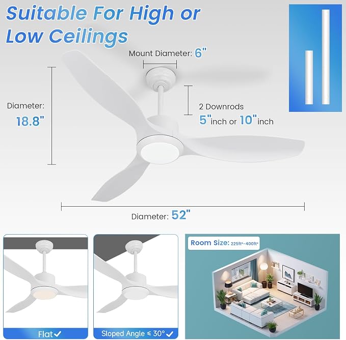White Ceiling Fan with Light, 52" Outdoor Ceiling Fans with Lights and Remote, 3 Color Light, 6 Speed, DC Motor, for Bedroom/Outdoor/Patios, White