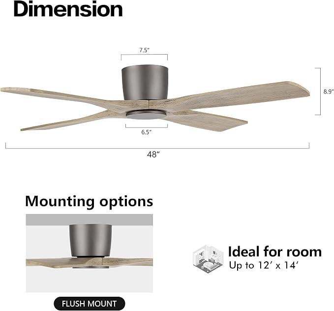 WINGBO 48 Inch Flush Mount DC Ceiling Fan without Lights, 4 Reversible Carved Wood Blades, 6-Speed Noiseless DC Motor, Hugger Ceiling Fan No Lights in Graphite Finish with Gray Blades, ETL Listed