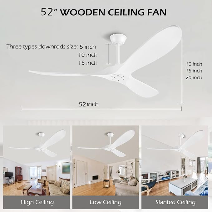 52 Inch White Ceiling Fan No Light ，Wood Outdoor Ceiling Fans for Patios Living Room Bedroom Dc Reversible Modern Ceiling Fan Without Light with Remote Control