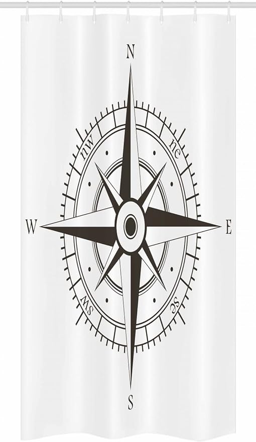 Ambesonne Compass Stall Shower Curtain, Wind Rose Old Fashion Navigational Equipments Orienteering Illustration Print, Fabric Bathroom Decor Set with Hooks, 36" W x 72" L, Evergreen White