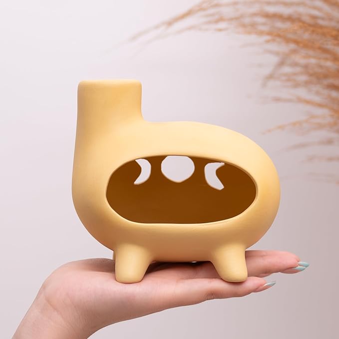 MOUGIGI Elegant Handcrafted Ceramic Palo Santo Burner-Yellow Terracotta Footed Incense Holder for Meditation,Compatible with Wood Sticks,Sage,Ash&Cones-Mini Aromatic Home Altar with Chimney Design