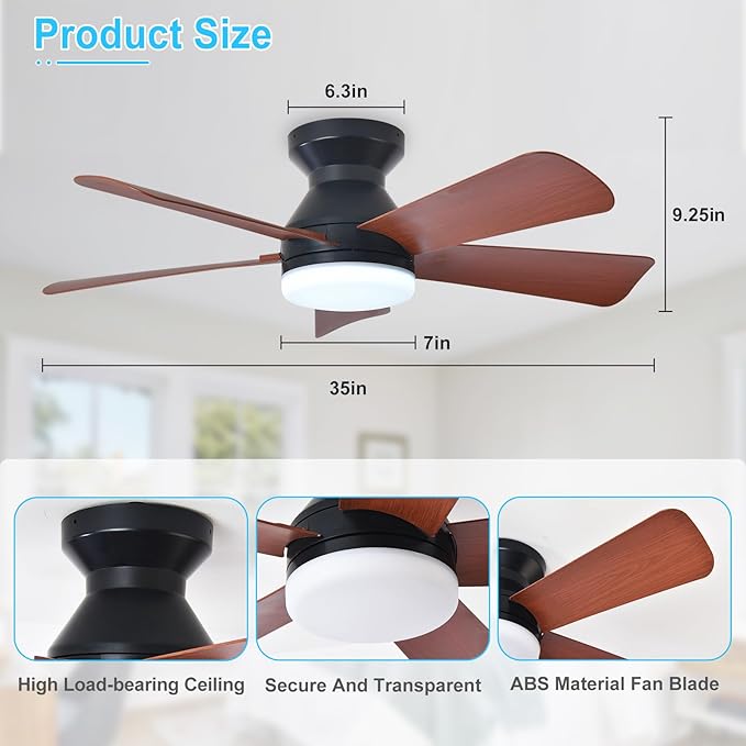 Depuley Modern Ceiling Fan with Light: 35-Inch Black Small Fans for Bedroom Indoor Outdoor - Dimmable Low Profile Ceiling Fans with Remote Control Flush Mount 5 Reversible Walnut Blades 6 Speeds Timer