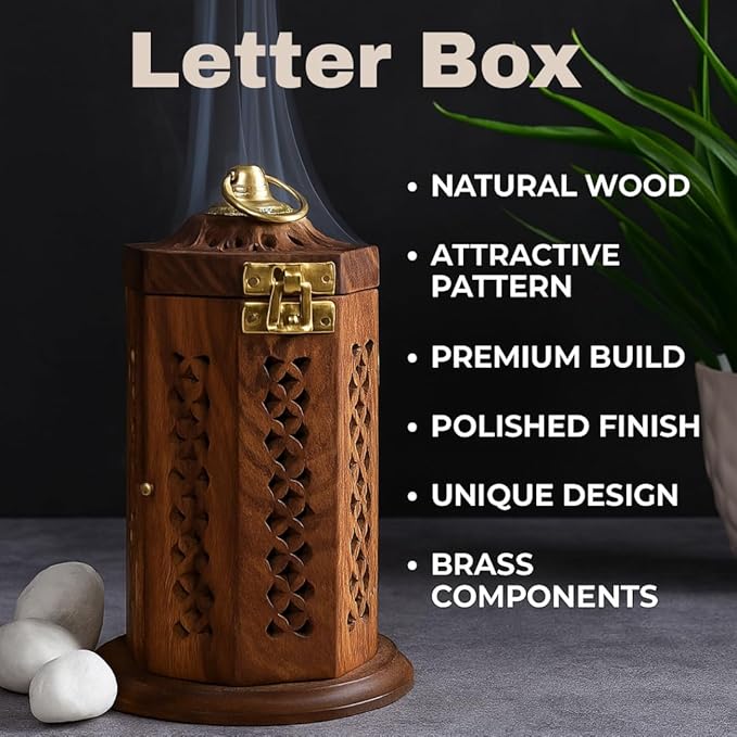 Bless-International Traditional-Handmade-Burner Wooden-Incense-Stick-Holder Ash-Catcher-Stand for-Aromatherapy-Meditation-Yoga (7 Inch Letter Box Wooden Charcoal/Cone)