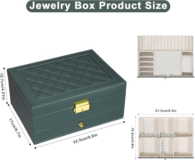 GUOER Jewelry Box for Women Girls, Two Layers Organizer, Hunter Green | Vintage Quilting Stitching PU Leather,Earrings Bracelets Rings Necklace Watches Storage Large Jewellery Holder Case Gifts
