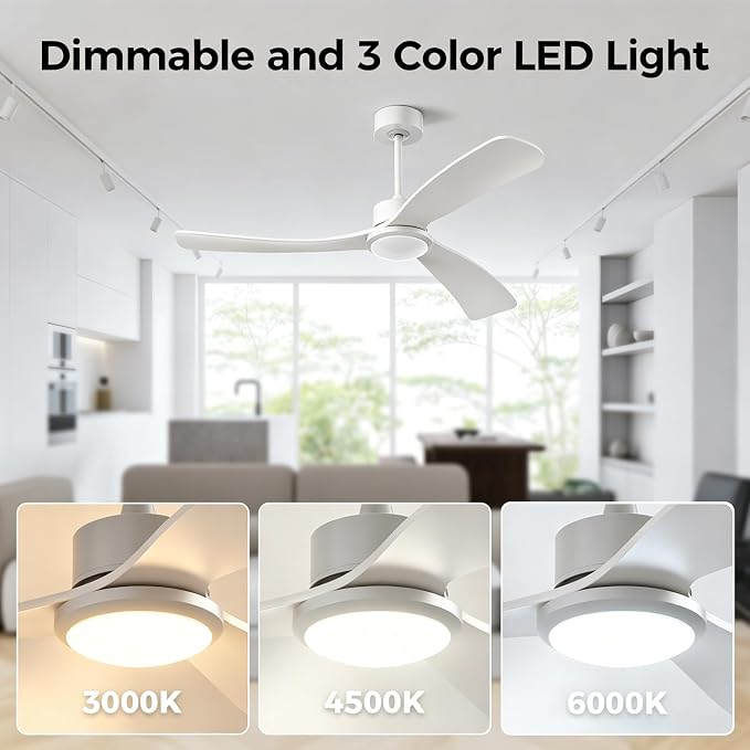 Obabala 52 Inch Ceiling Fan with Light and Remote,Solid Wood Blades, DC Motor Quiet 35dB, Dimmable LED Reversible for Bedroom Living Room Indoor Outdoor, 6 Speed Timer Downrod