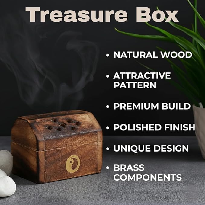 Bless-International Traditional-Handmade-Burner Wooden-Incense-Stick-Holder Ash-Catcher-Stand for-Aromatherapy-Meditation-Yoga (Treasure Box Wooden Charcoal/Cone)