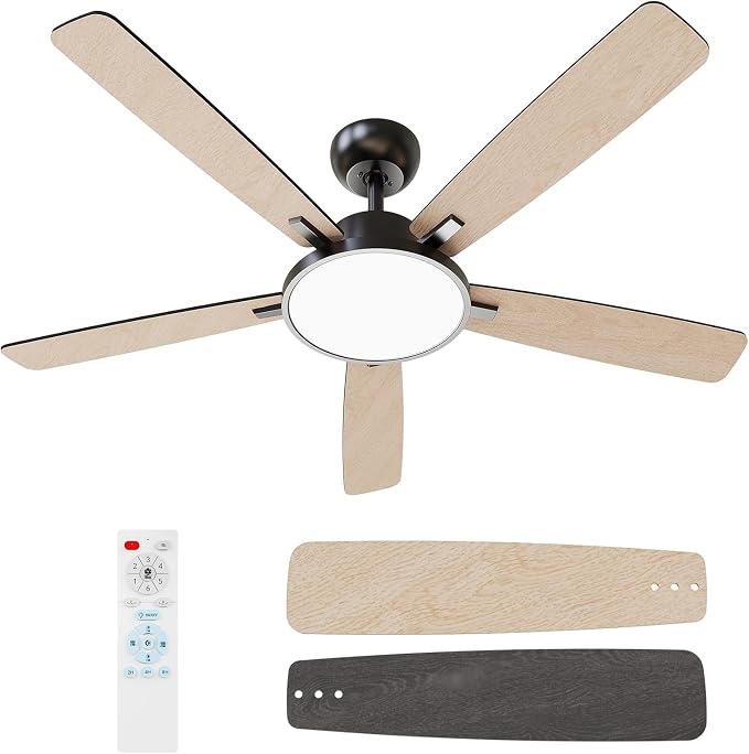 TALOYA 52 Inch Black Walnut Ceiling Fans with Lights Led Remote Control Flush Mount Low Profile for Bedroom Living Dining Room Outdoor Farmhouse,Reversible,DC Motor,Diammable,Buzzer ON/Off,5 Blades