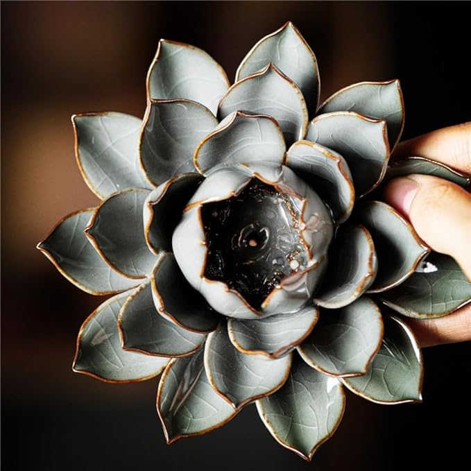 Ceramic Lotus Flower Thread Incense Burner Holder Handmade Zen Aromatherapy Incense Stick Tray for Office Teahouse Yoga Studios (Large)