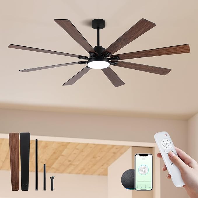 72 Inch Large Smart Ceiling Fan with Light and Alexa/APP(via WiFi),Black Indoor Outdoor Ceiling with Remote for Bedroom Patio,6 Speed,Quiet DC Motor,3CCT,8 Wooden Blades