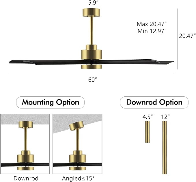 ELEHINSER 60" Modern Ceiling Fan with Light and Remote Control, 5 Solid Wood Blades 6-Speed Noiseless Reversible DC Motor, Ceiling Fan for Bedroom Dinning Living Room, Gold Finish with Black Blades