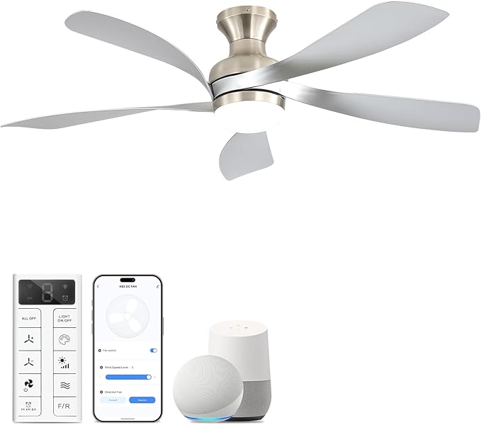 Sofucor Smart 52'' Low Profile Ceiling Fan with Lights and Remote, Flush Mount Ceiling Fan Work with APP/Alexa/Google for Modern Bedroom Living Room Patio, Dimmable LED Quiet Reversible DC Motor