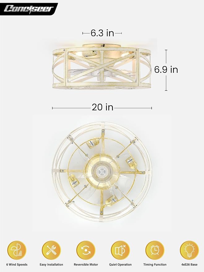 Conciseer 20 Inch Caged Ceiling Fans with Lights and Remote, Flush Mount, Low Profile 7 Blades, 6 Speed Reversible Quiet DC Motor for Bedroom, Kitchen and Living Room, White/Gold Brushed